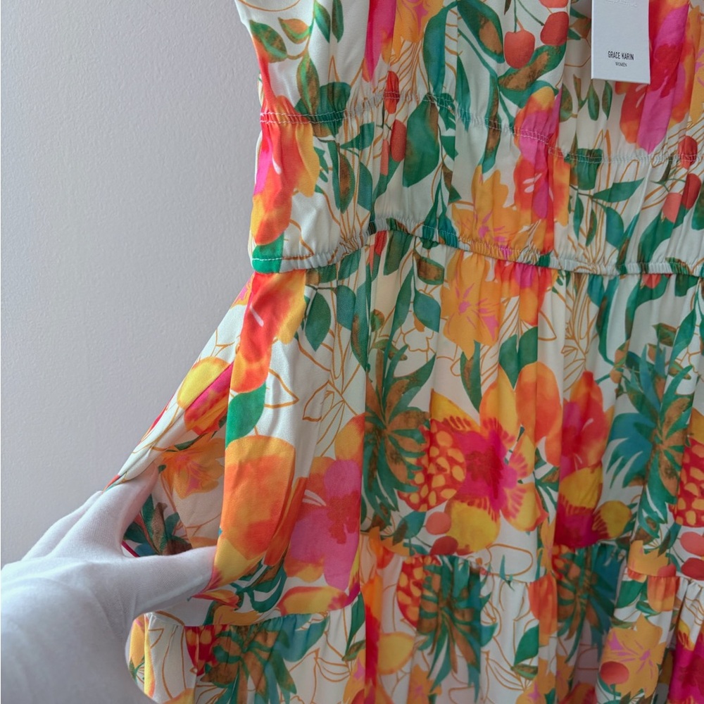 Grace Karin Tropical Floral Print Resortwear Vacation Midi Dress Size 2XL NWT - Picture 7 of 9